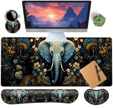 Large Gaming Mouse Pad Keyboard Wrist Rest Set 31.5x11.8in Flowers Elephant