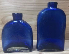 Vintage Decorative Cobalt Blue Heavy Glass Flat Bottles Flasks lot of 2