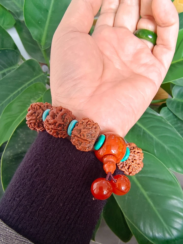 PULSERA DE CINCO CARAS RUDRAKSH NEPAL ABALORIOS CON ÁGATA ROJA Y TURQUESA Foto 3 de 4