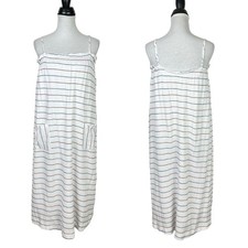 The Good Jane Small Women White Crepe Blue & Red Stripe Summer Casual Midi Dress