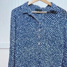 Willi Smith Zig Zag Blue White Pattern Long Sleeve Blouse Buttons Pocket L Zebra