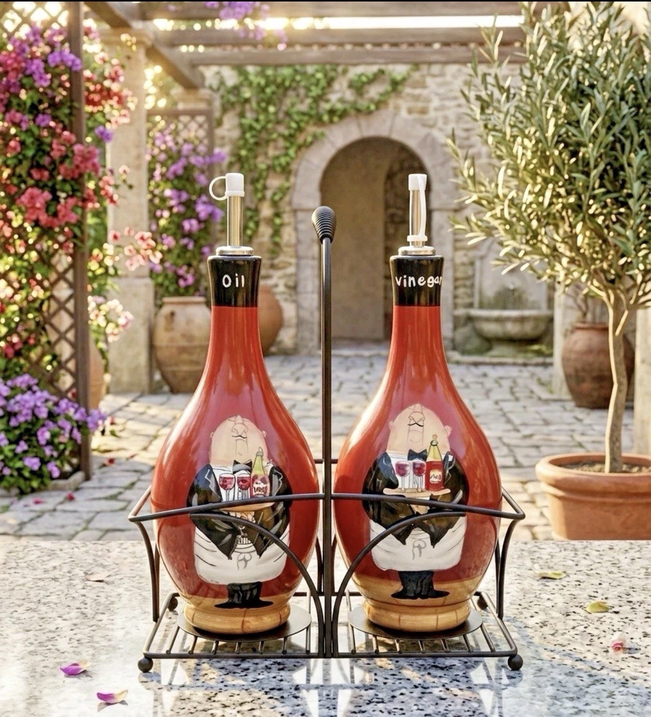 Dinner is Served Oil and Vinegar Set Tracy Flickinger By Certified International