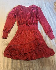 Michael Kors Red Cheetah Print Plisse Jacquard V-Neck Dress Medium Cocktail
