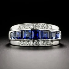 Princess Simulated Sapphire Men's Stunning Wedding Ring In 14k White Gold Plated