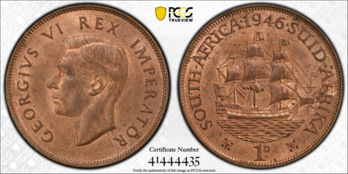 South Africa, 1946 George VI Penny. PCGS MS 64 R&B. 2,605,000 Mintage.