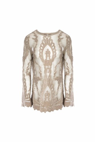 JAYLEY Mocha Vintage Inspired Lace Long Sleeved Top One Size - Picture 4 of 4