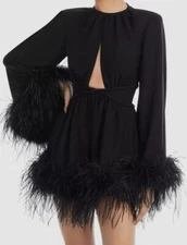 New Arrivals Women's Black Ornella Feather-Trim Dress Size 38