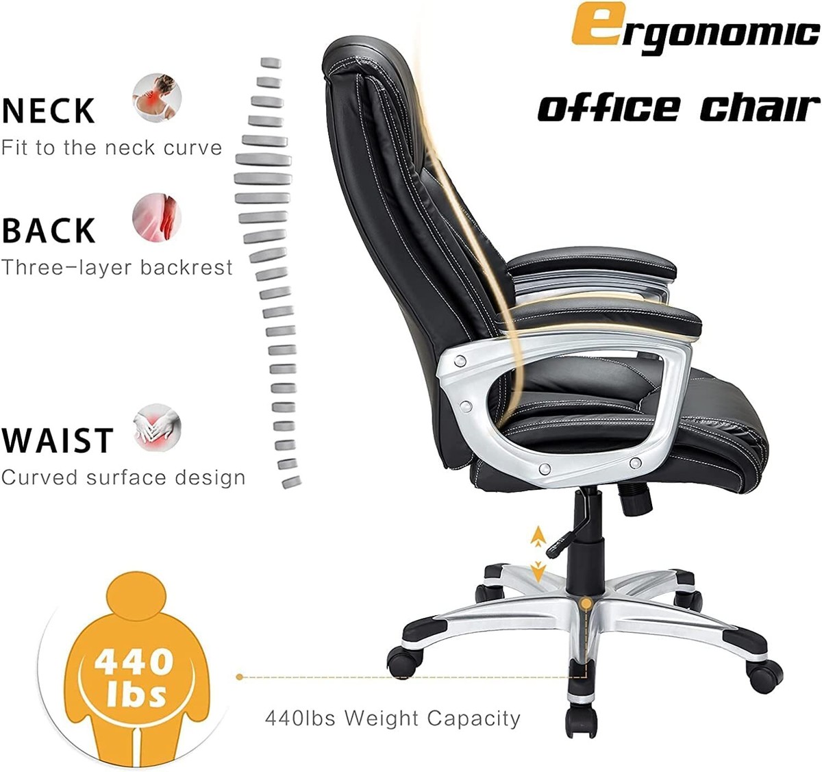 High Back Office Chair PU Leather Ergonomic Adjustable Executive