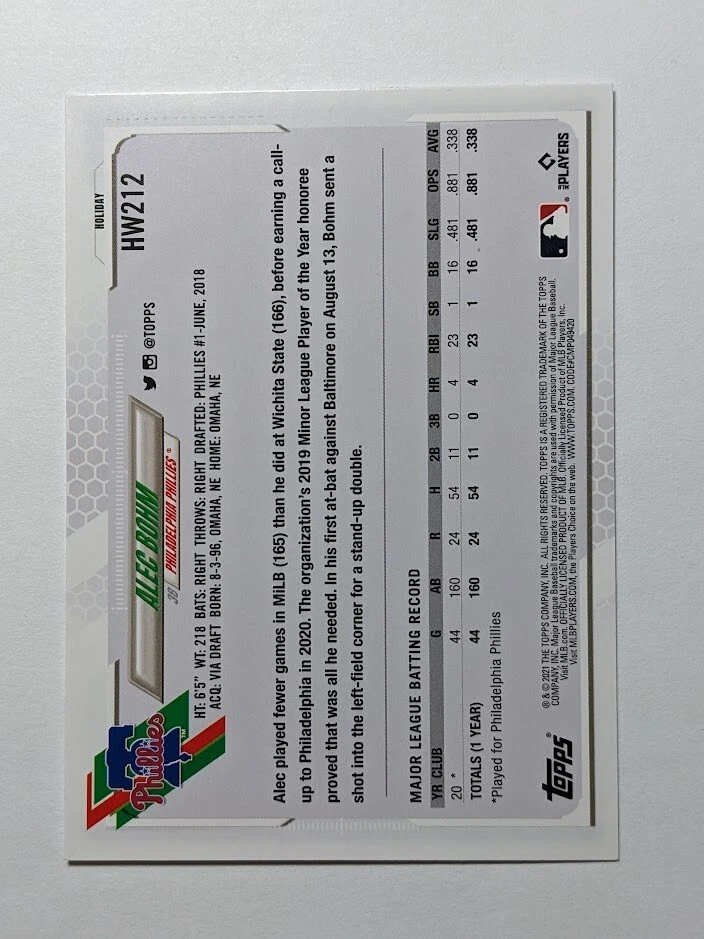 2021 Topps Holiday Alec Bohm RC #HW212 Phillies - Image 2 of 2