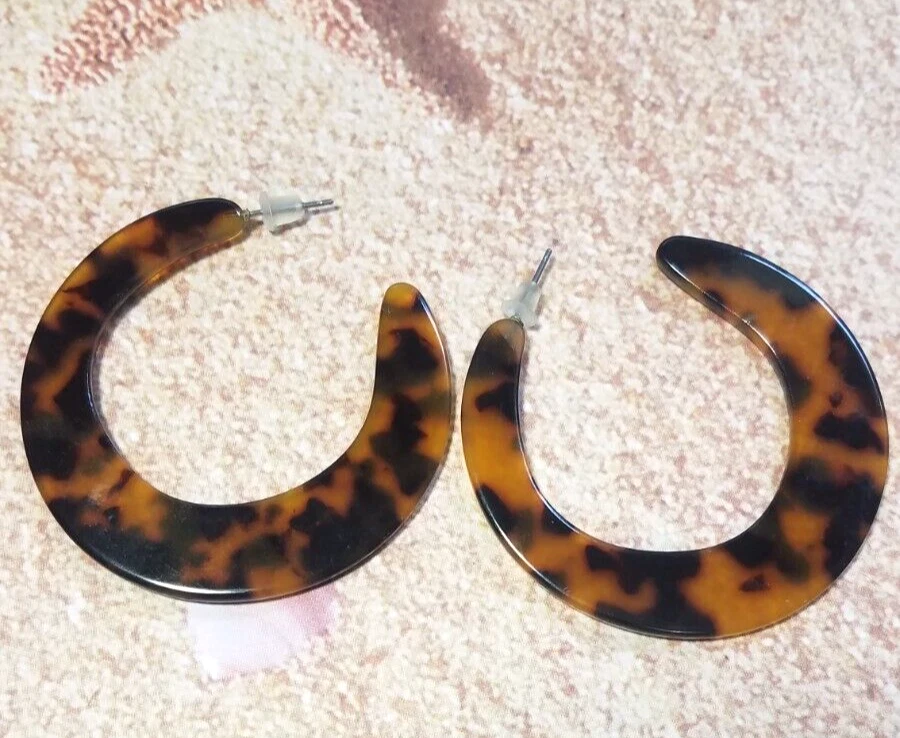 Vintage Tortoiseshell Flat Thin Large Hoop Acrylic Post Earrings Lightweight Foto 2 de 4