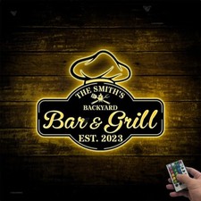 Custom BBQ Metal Wall Art with LED, Bar  Grill Name Sign, Outdoor Decor, Gift