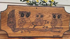 VTG Artist signed Pyrography Decor Wood Wall hanging Folk Art 3 owls 16 Dorm