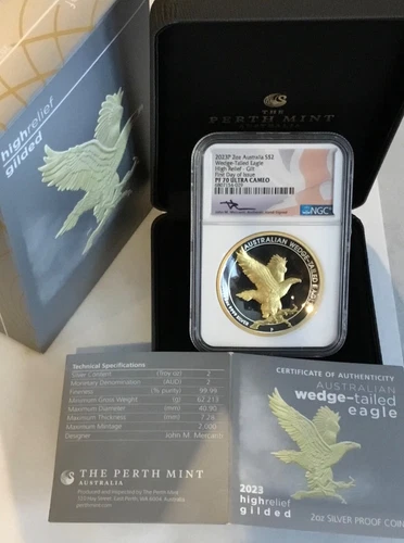 2023 P $2 Australia 2oz Silver Wedge Tailed Eagle Gold Gilded NGC PF70 UCAM FDOI