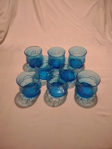 Vintage Anchor Hocking Set Of 8 Rainflower Pattern Blue Juice Glasses  B11