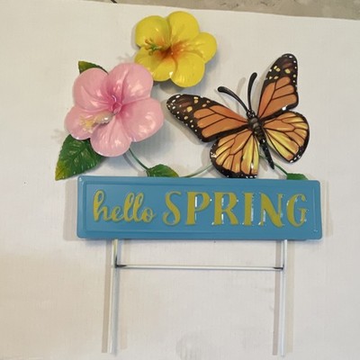 Hello Spring Metal Garden Sign with Flowers, Butterfly, Decorative Floral Nature