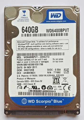640 GB SATA Western Digital WD6400BPVT-22HXZT3 5400rpm 8MB HDD 2.5" Festplatte