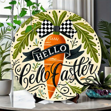 2D 1PC Carrot Design Hello Easter Round Metal Iron Sign Decor Gift for Home Yard