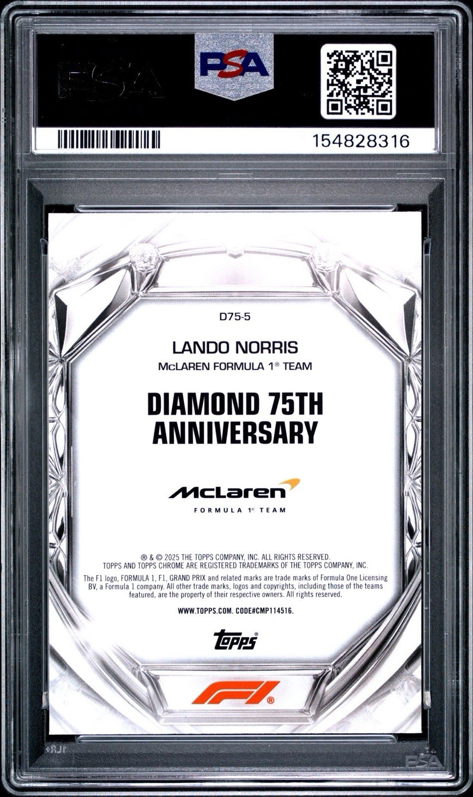 2025 Topps Chrome F1 Lando Norris Diamond 75th Anniversary PSA 10 view 2