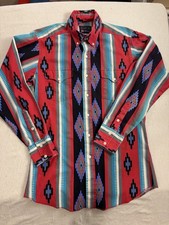 Panhandle Slim Brush popper Aztec Western Shirt Vintage, USA Made, 15 1/2 M A1