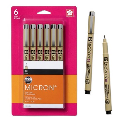 SAKURA Pigma Micron Fineliner Pens, 01 Tip Size, Archival Black Ink, 6
