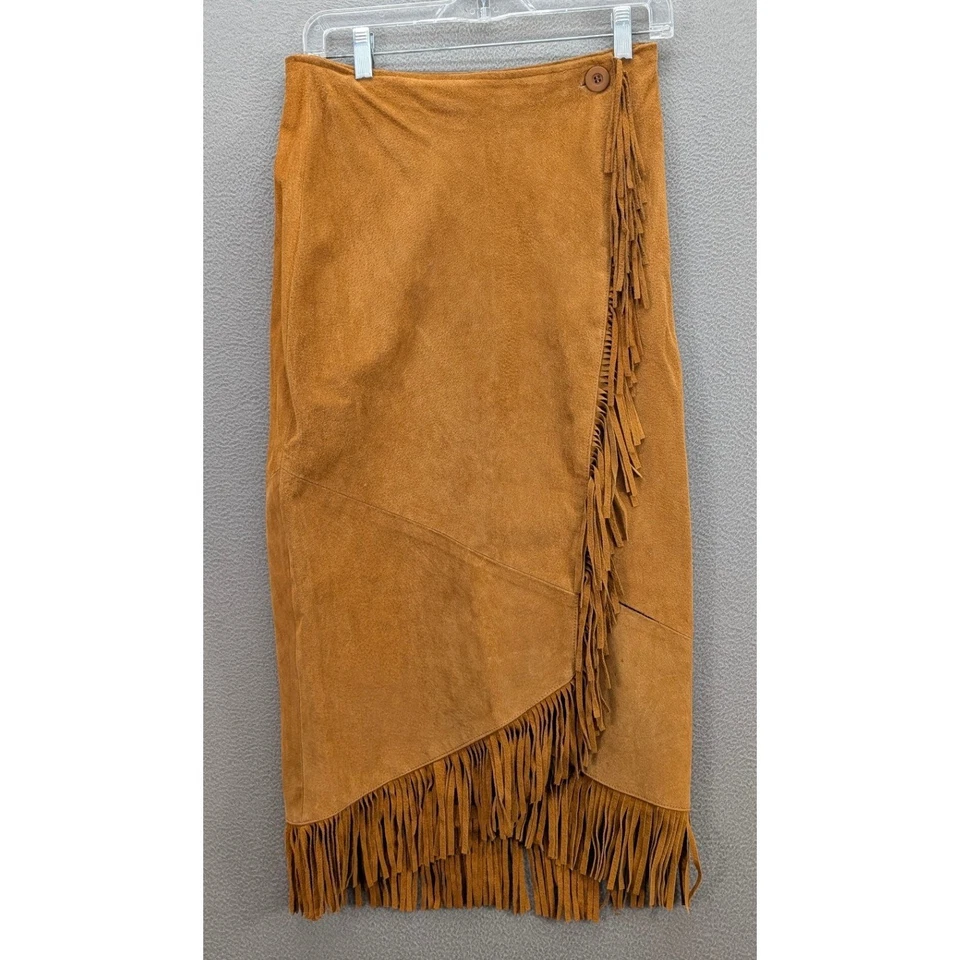Falda envolvente vintage flecha gamuza flecos boho occidental tostado marrón midi botón talla M Foto 3 de 4