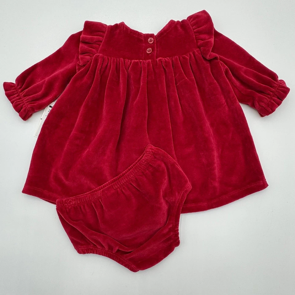 NUEVO Nordstrom Bebé Niñas 3 Meses Rojo Rio Velour Vestido Florers Conjunto de 2 Piezas Vacaciones Foto 2 de 4