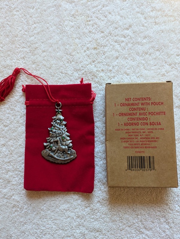 2013 Avon Pewter Christmas Tree Ornament - EX Cond. With Box & Red Velvet Bag