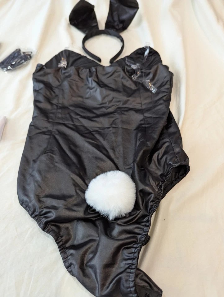 Geyoga Playboy Bunny Costume X-SMALL Black W/White Accents Cosplay Fishnet Stock - Image 2 of 4
