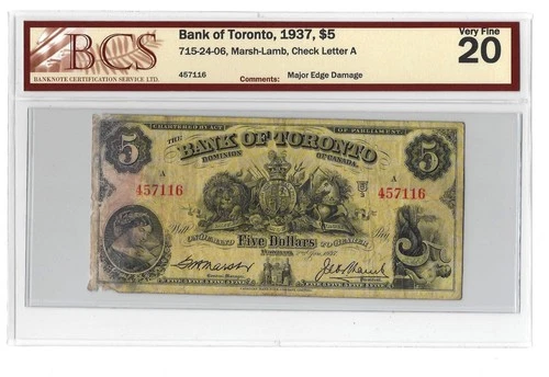 1937 $5 Bank of Toronto Chartered Note CH 715-24-06 BCS VF-20