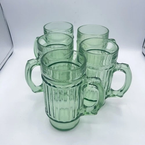 Set of 5 Vintage Anchor Hocking Tumblers Handled Ribbed Green Glass
