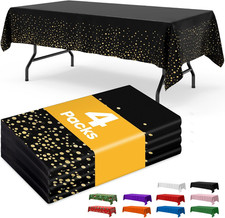 Black and Gold Plastic Table Cloth Disposable, 4 Pack, 54 X 108 In