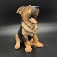 German Shepherd Puppy Resin Figurine, Black and Tan, 6 Inch Sculpture Yawning 