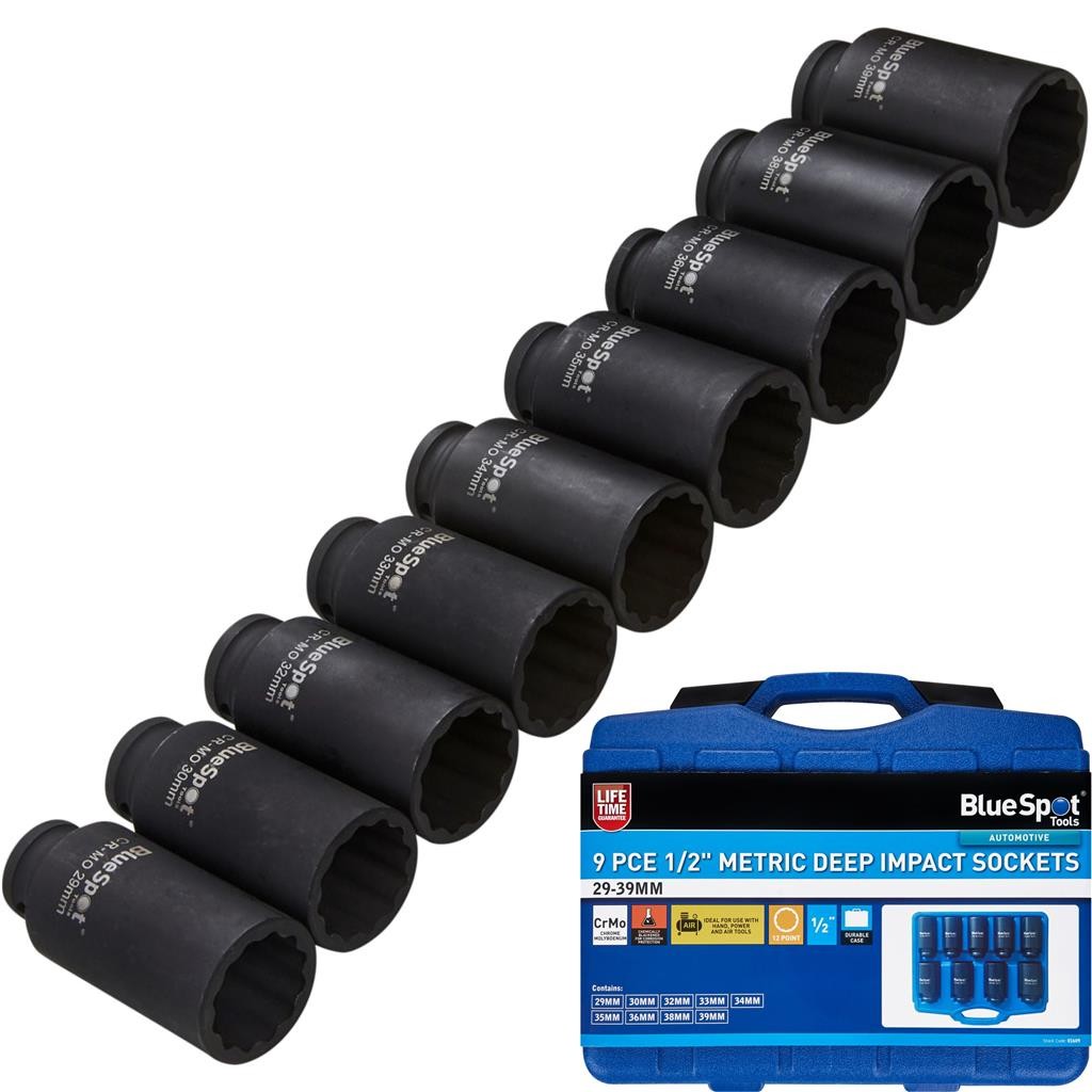 BlueSpot 9pc Metric Socket Set Impact Deep Bi-Hex Long Reach Sockets 29–39mm