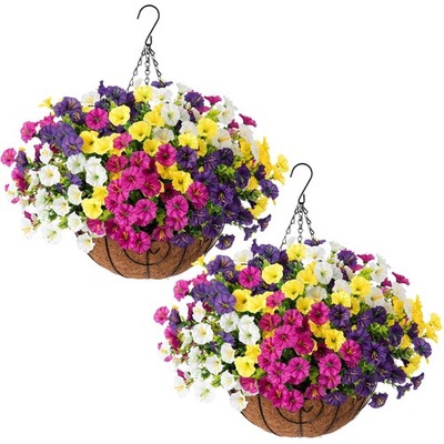 2 Set Artificial Fake Hanging Flowers Plants Baskets for Outdoors Spring Outs...