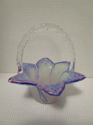 Murano Venetian Rainbow Art Glass Bride's Petal Basket w/ Applied Handle Vintage