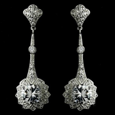 Art Deco Round Lab Created Diamond Edwardian Wedding White Gold Finish Earrings