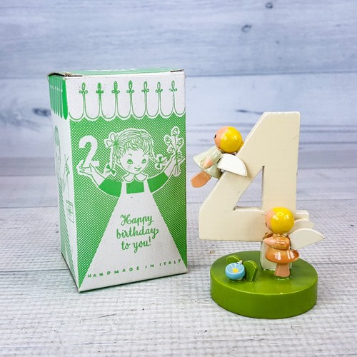 Vintage SEVI Four 4 Birthday Cake Topper 3" Figurine Wood Wood Angels Italy