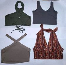 Crop Top Lot Of 4 Sz L Halter Cross Neck Twist V-Neck Ribbed Floral Green Gray