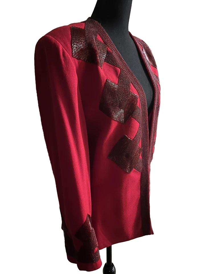 Chaqueta De Colección Nolan Miller Dinastía Años 80 Diseñador Rojo Glam Muy Cuentas Talla 18 Foto 4 de 4