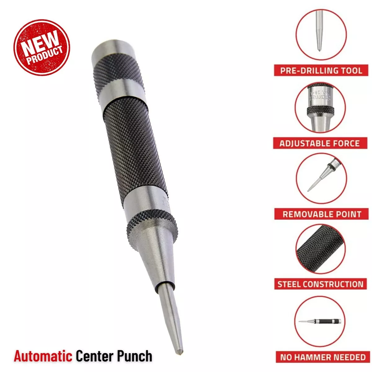 Heavy-Duty Automatic Center Punch w/Hardened Steel Pre-Drill Tool