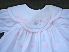 Vintage Infant Girl's White Dress Pink Dots Peter Pan Collar Flowers