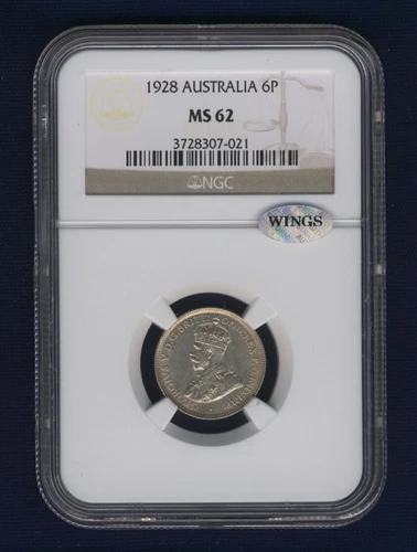 AUSTRALIA  1928  SIXPENCE SILVER COIN, UNCIRCULATED CERTIFIED NGC MS-62
