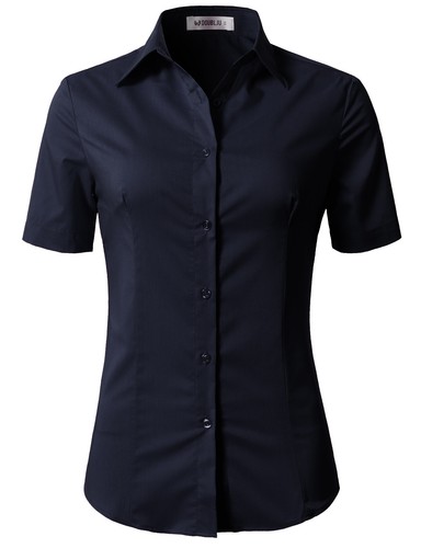 Womens Button Down Shirt Basic SLIM FIT Simple Short Sleeve Collared S010 - Picture 57 of 95