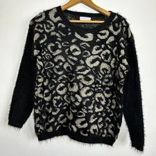 Joseph Abboud Womens Sweater Small Black Fuzzy Animal Print Long Sleeve