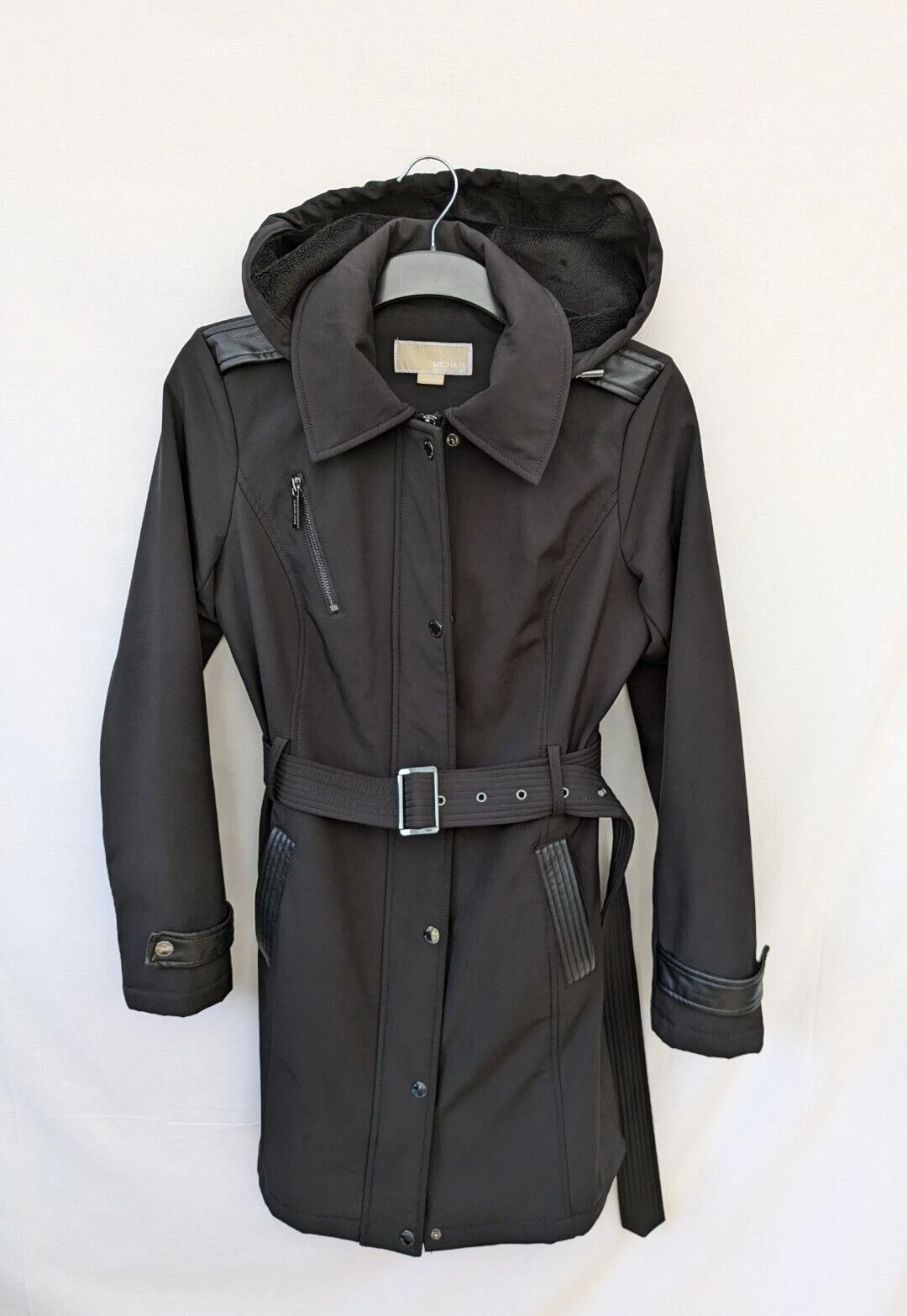 Michael Kors Cappotto Donna Piccolo Nero Elegante Giacca Cintura Trench Cappuccio Militare S