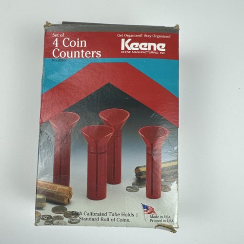 KEENE COIN COUNTERS FOR QUARTERS, DIMES, NICKLES, PENNIES, 4 Tubes in Box