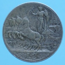 VITTORIO EMANUELE III 2 LIRE 1911 QUADRIGA VELOCE ARGENTO SILVER COIN BB 