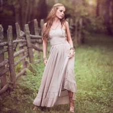 Maxi Dress L Earthy Taupe Open Back Ruffle Gypsy Western Fairy Boho Festival