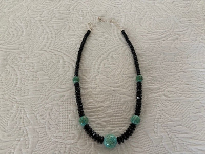 Jay King black spinel and turquoise inlaid necklace. Sterling adjustable clasp