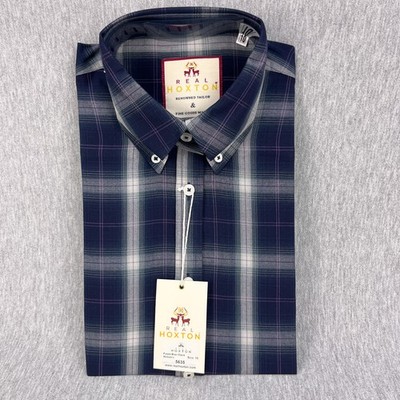 Real Hoxton Shirt Womens 10 Button-Up Purple Blue Check Plaid Short Sleeve NEW